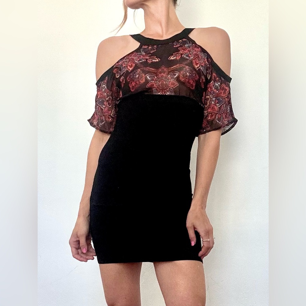 Bebe Black, Blue and Red Floral Bodycon Dress